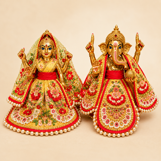 Bansuri Premium Floral Ganesh Lakshmi Dress | Golden Yellow Designer Poshak with Pearl Work (2 Inch)