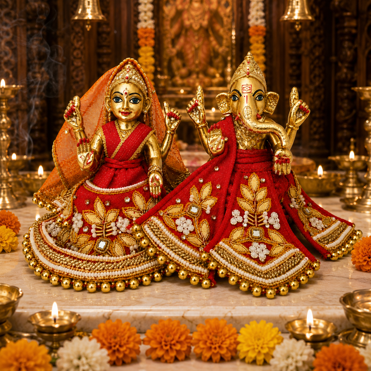 Bansuri Premium Handmade Lakshmi Ganesh Poshak | Red & Gold Designer Dress with Zari & Beadwork (RGO260)