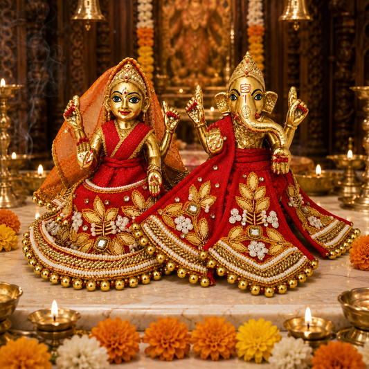 Bansuri Premium Handmade Lakshmi Ganesh Poshak | Red & Gold Designer Dress with Zari & Beadwork (RGO260)