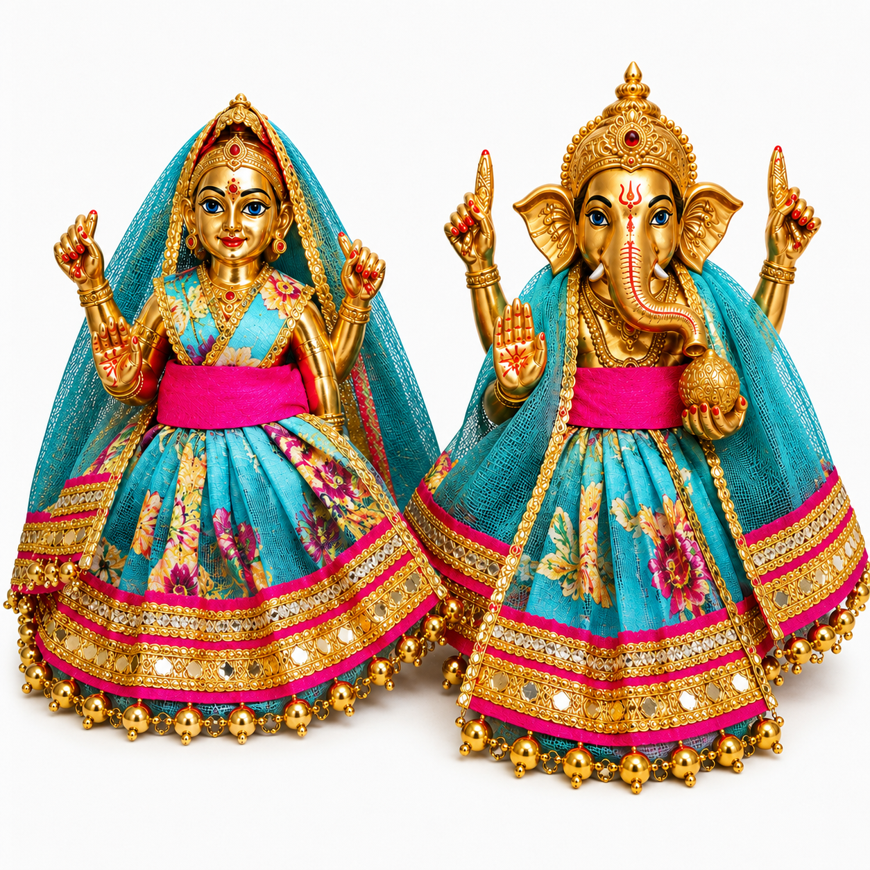 Bansuri Premium Turquoise Blue Floral Ganesh Lakshmi Dress | Designer Deity Poshak with Golden Lace (3 Inch)