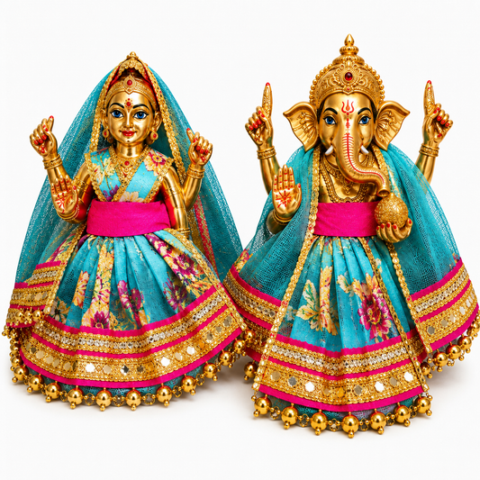 Bansuri Premium Turquoise Blue Floral Ganesh Lakshmi Dress | Designer Deity Poshak with Golden Lace (3 Inch)