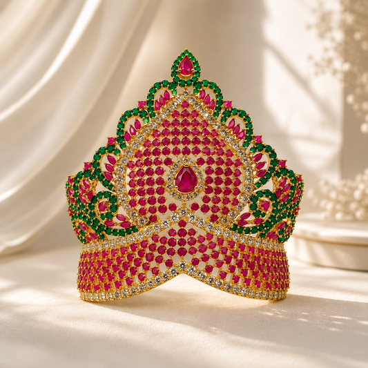 Bansuri Premium Ruby Pink & Emerald Green Stone Studded Gold Finish Deity Mukut for Laddu Gopal, Krishna Ji & God Idols