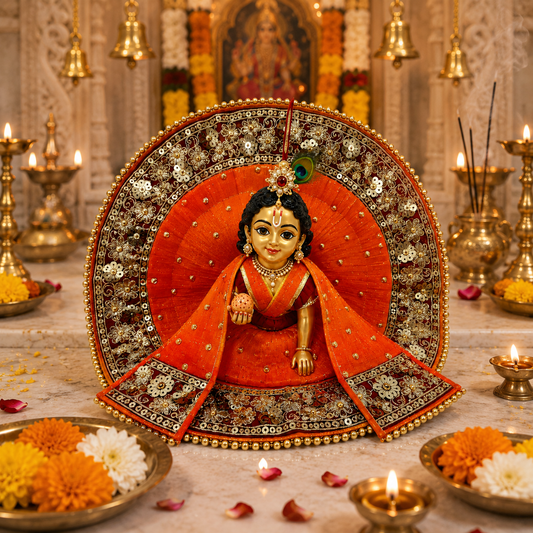 Bansuri Premium Handmade Laddu Gopal Poshak with Decorative Backdrop | Orange & Gold Designer Dress (REOR289)