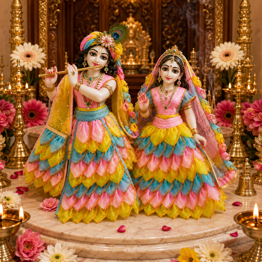Bansuri Premium Handmade Radha Krishna Poshak | Designer Radha Rani & Krishna Ji Dress with Layered Floral Design | Festive Deity Dress for Janmashtami, Radhashtami & Daily Shringar (TCO240)