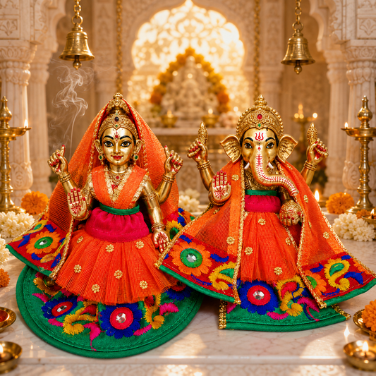 Bansuri Premium Handmade Ganesh Lakshmi Poshak | Designer Ganesh Ji Lakshmi Ji Dress | Orange Embroidered Deity Vastra (ODL113)