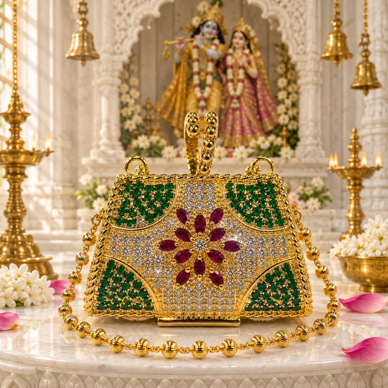 Bansuri Premium Crystal Potli Bag Pendant For Deity Idol | Luxury Handcrafted Temple Purse Ornament For Home Mandir Decor
