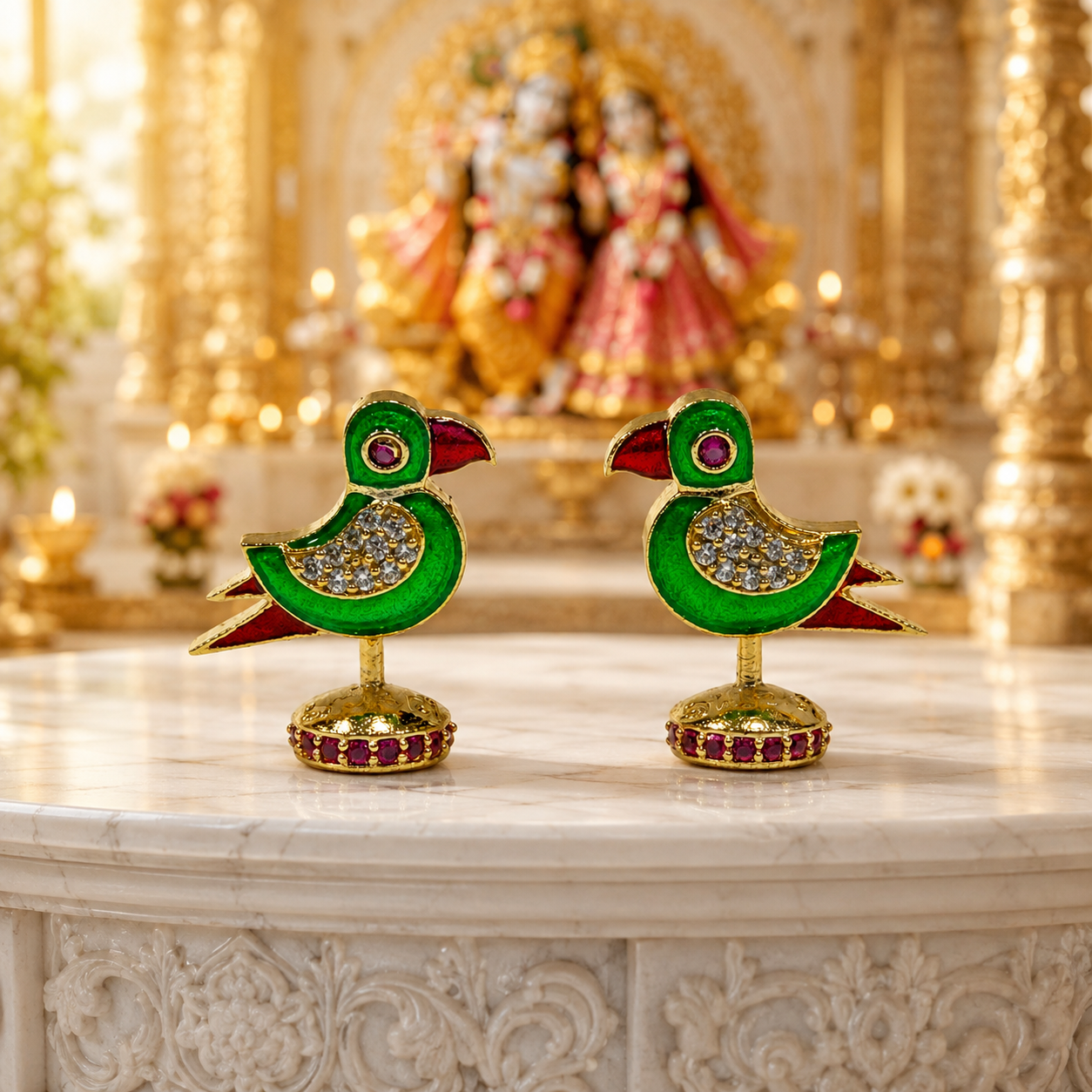 Bansuri Premium Crystal Parrot Showpiece for Home Temple | Luxury Decorative Pair for Radha Krishna & Other Deity Singhasan | Handcrafted Devotional Mandir Decor