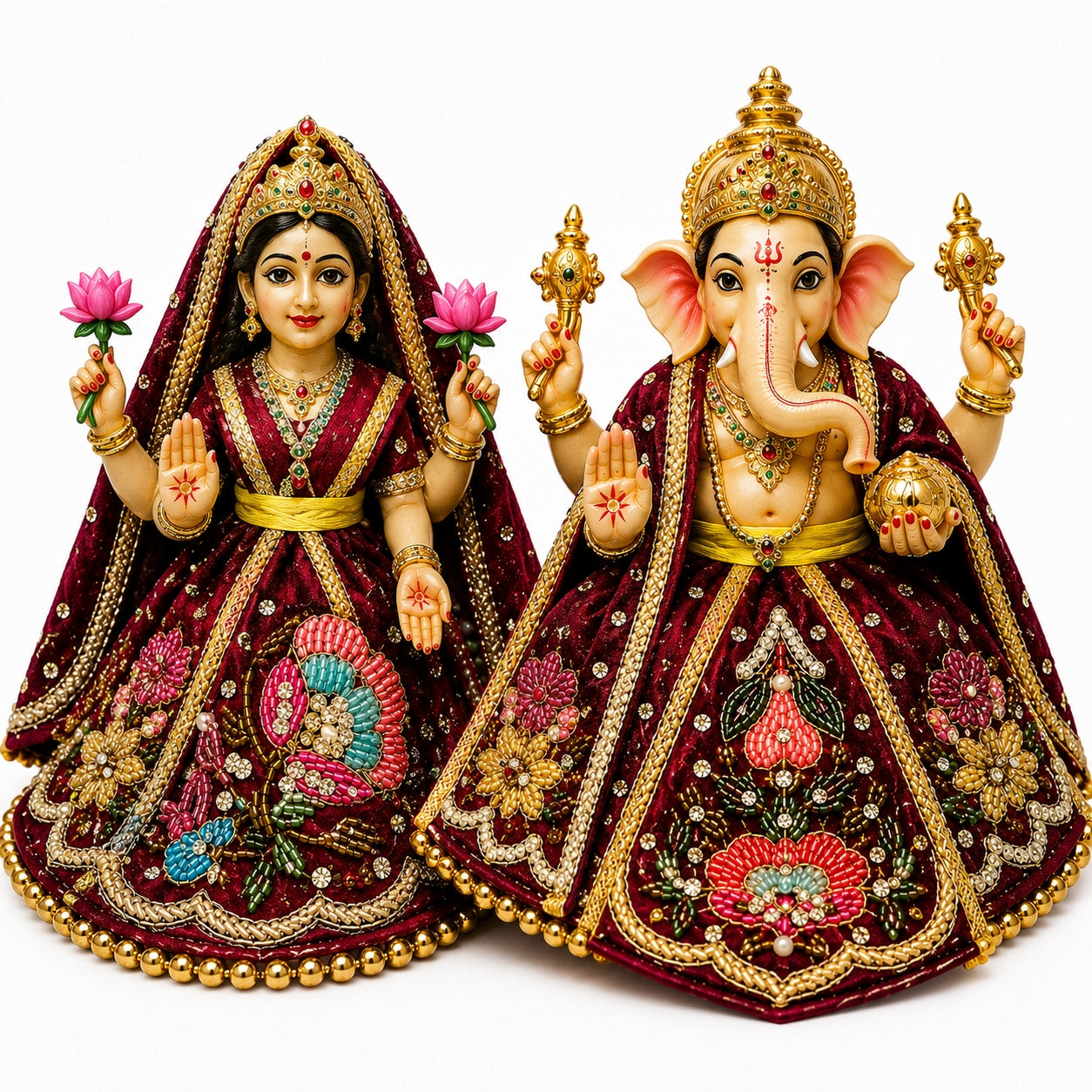 Bansuri Premium Handmade Maroon Embroidered Ganesh Lakshmi Dress | Designer Velvet Deity Poshak (2 Inch)