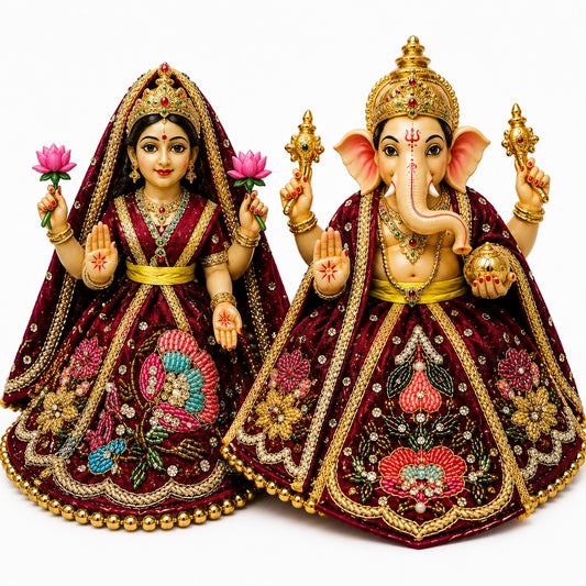 Bansuri Premium Handmade Maroon Embroidered Ganesh Lakshmi Dress | Designer Velvet Deity Poshak (3.5 Inch)