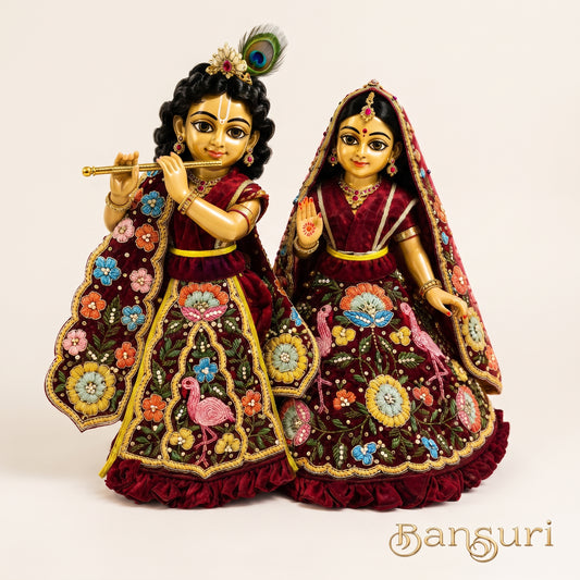 Bansuri Premium Handmade Maroon Floral Embroidered Radha Krishna Dress | Designer Velvet Poshak (6 Inch)