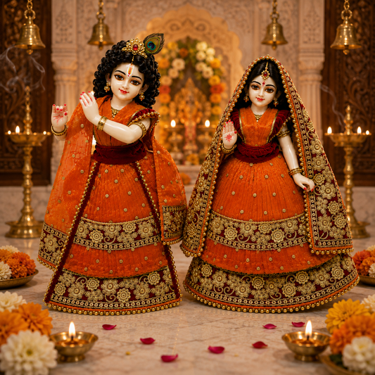 Bansuri Premium Handmade Radha Krishna Poshak | Orange & Maroon Designer Dress with Golden Embroidery (REOR289)