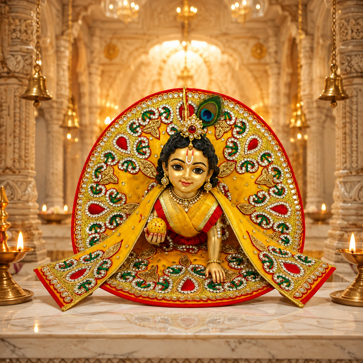 Bansuri Handmade Laddu Gopal Poshak | Premium Yellow Red Designer Dress Set with Embroidered Backdrop for Krishna Ji (8 Inch)