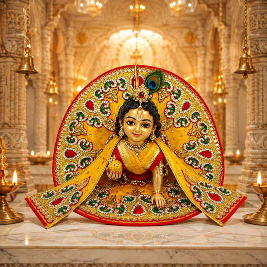 Bansuri Handmade Laddu Gopal Poshak | Premium Yellow Red Designer Dress Set with Embroidered Backdrop for Krishna Ji (10 Inch)