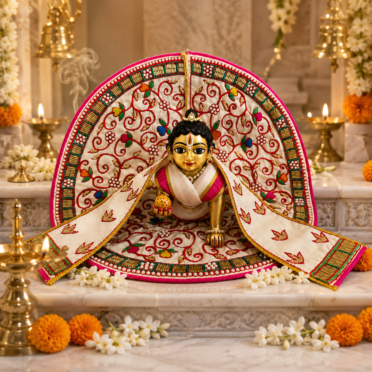 Bansuri Premium Handmade Laddu Gopal Poshak with Decorative Backdrop | Cream Pink Floral Embroidered Kanha Ji Dress | Designer Janmashtami Shringar Collection (152)
