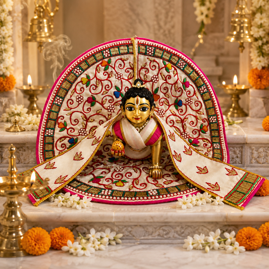 Bansuri Premium Handmade Laddu Gopal Poshak with Decorative Backdrop | Cream Pink Floral Embroidered Kanha Ji Dress | Designer Janmashtami Shringar Collection (152)