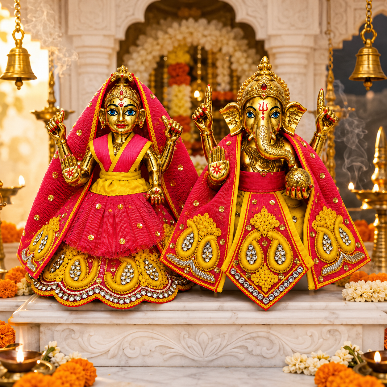 Bansuri Premium Handmade Ganesh Lakshmi Poshak | Designer Ganesh Ji Lakshmi Ji Dress | Yellow & Pink Embroidered Deity Vastra | Festival Collection