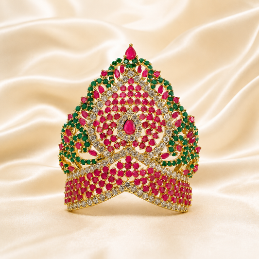 Bansuri Premium Handmade Ruby Green Stone Gold Finish Deity Mukut | Luxury Divine Crown for God Idol