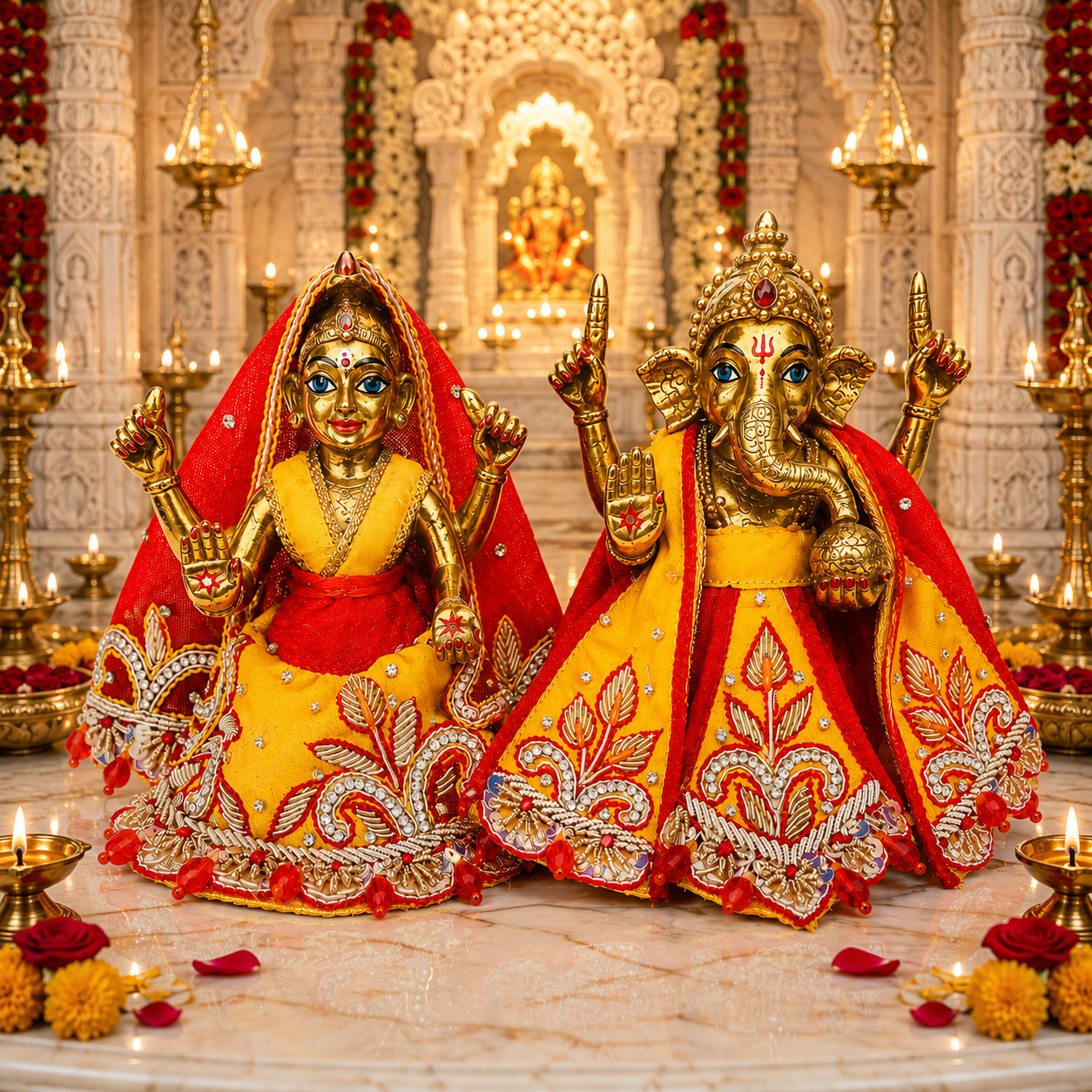 Bansuri Premium Handmade Ganesh Lakshmi Designer Poshak Set | Yellow & Red Embroidered Dress for Ganesh Ji & Lakshmi Mata (3.5 Inch)