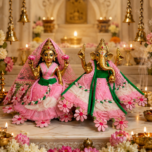Bansuri Premium Handmade Ganesh Ji Lakshmi Ji Poshak Set | Pink Green Floral Embroidered Ganesh Lakshmi Dress | Designer Festival Shringar Collection (PIGR241)