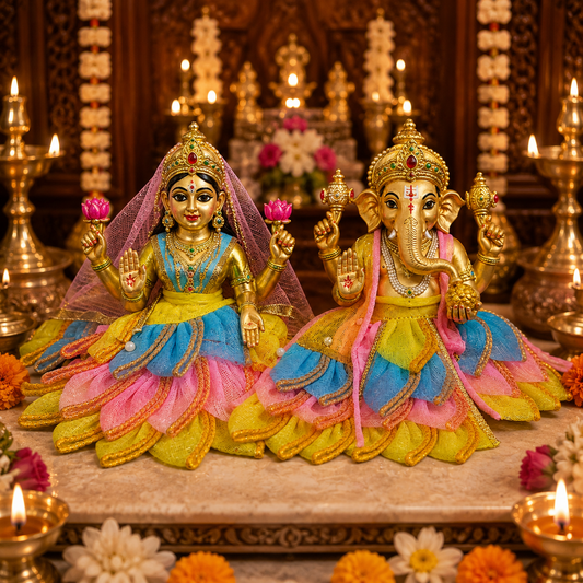 Bansuri Premium Handmade Ganesh Lakshmi Poshak | Designer Ganesh Ji & Lakshmi Ji Dress with Floral Layered Skirt | Festive Deity Dress for Diwali, Ganesh Chaturthi & Daily Shringar (TCO240)