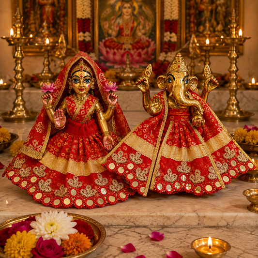 Bansuri Premium Handmade Lakshmi Ganesh Poshak | Red & Gold Designer Dress for Lakshmi Ji and Ganesh Ji (RB262)