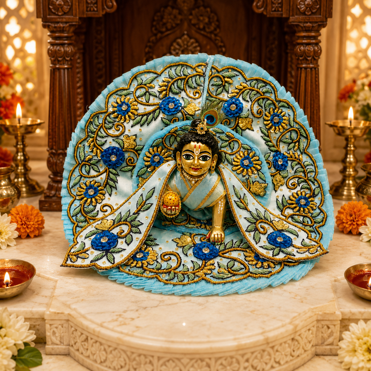 Sky Blue Laddu Gopal Poshak with Heavy Floral Embroidery and Golden Zari Work