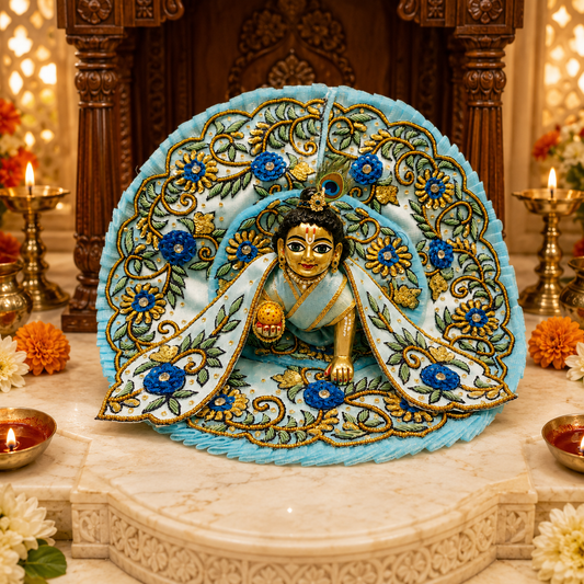 Sky Blue Laddu Gopal Poshak with Heavy Floral Embroidery and Golden Zari Work