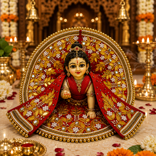Bansuri Premium Handmade Laddu Gopal Poshak with Decorative Backdrop | Red & Gold Designer Dress with Pearl & Stone Work (RGO260)