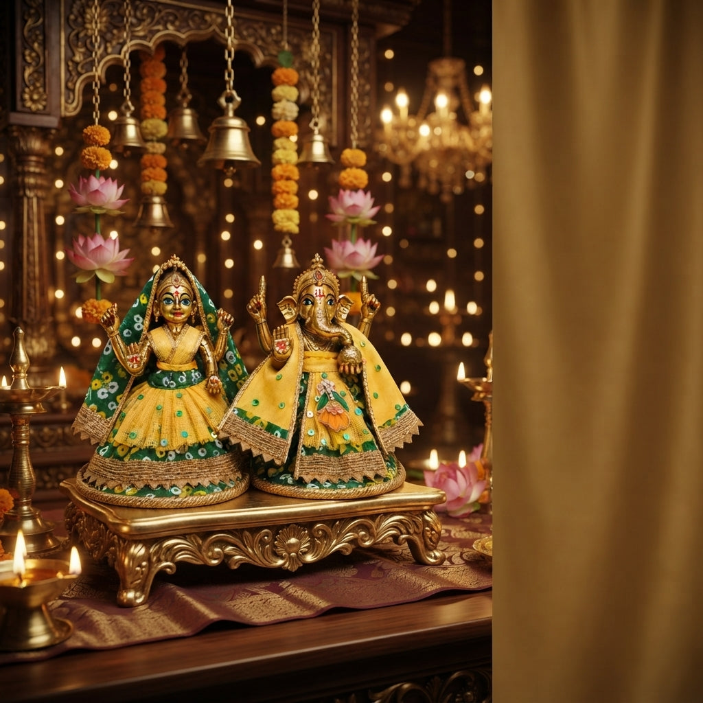 Bansuri Premium Handmade Green Bandhani Ganesh Lakshmi Dress | Yellow Designer Deity Poshak (3.5 Inch)