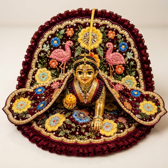 Bansuri Premium Handmade Maroon Floral Embroidered Laddu Gopal Dress | Designer Velvet Poshak (8 Inch)