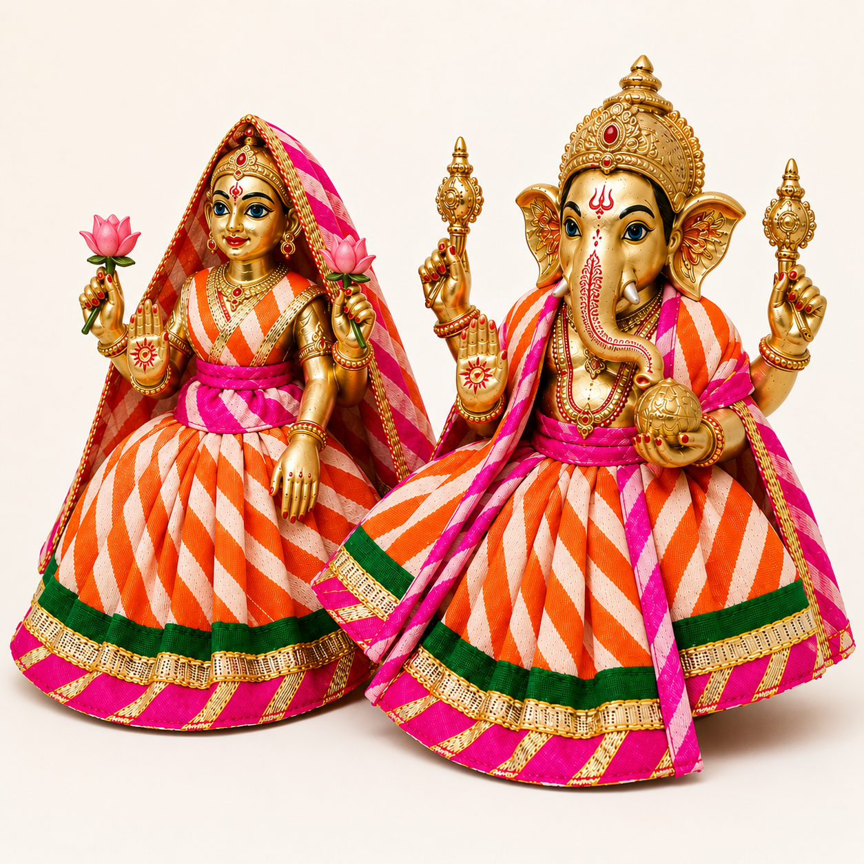 Bansuri Premium Orange & White Ganesh Lakshmi Dress | Designer Poshak with Pink Green & Golden Border (5 Inch)