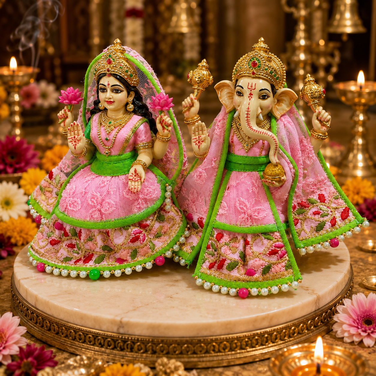 Bansuri Premium Handmade Pink & Green Ganesh Lakshmi Ji Dress Set | Designer Poshak for Ganesh Lakshmi Idol | Festive Pooja Shringar (THPI286)