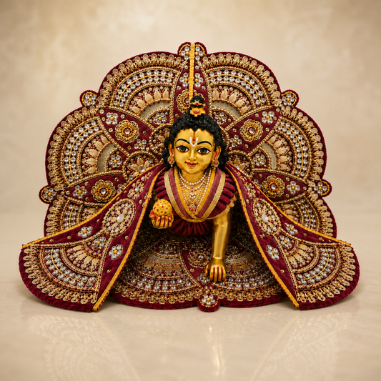 Bansuri Premium Maroon Laddu Gopal Poshak | Heavy Pearl & Stone Work Designer Dress for Bal Gopal Ji (14 Inch)