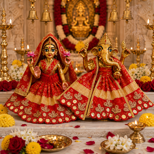 Bansuri Premium Handmade Lakshmi Ganesh Poshak | Red & Gold Designer Dress for Lakshmi Ji and Ganesh Ji (RB262)
