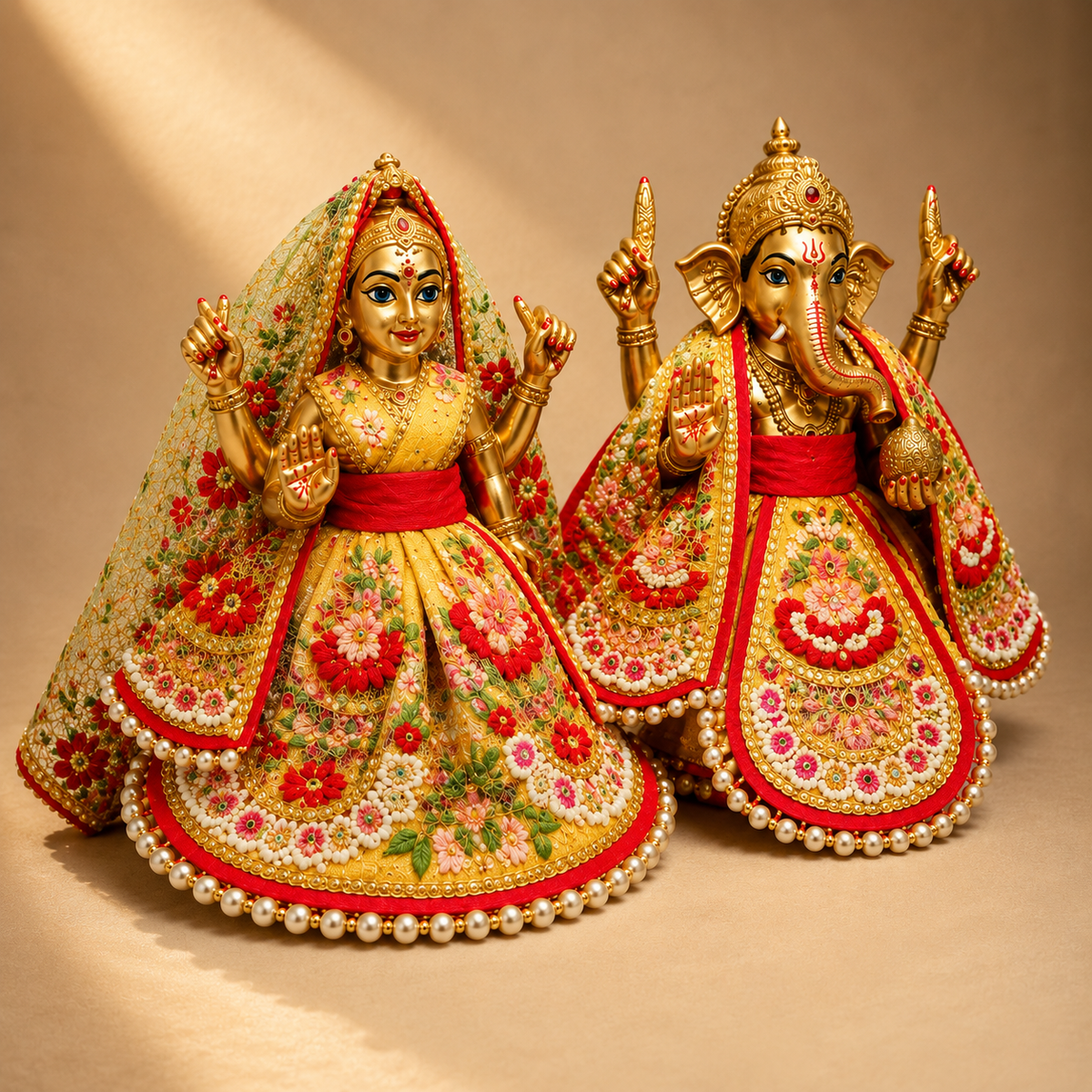 Bansuri Premium Handmade Floral Ganesh Lakshmi Poshak Set | Designer Ganesh Ji Lakshmi Mata Dress | Traditional Festival Shringar