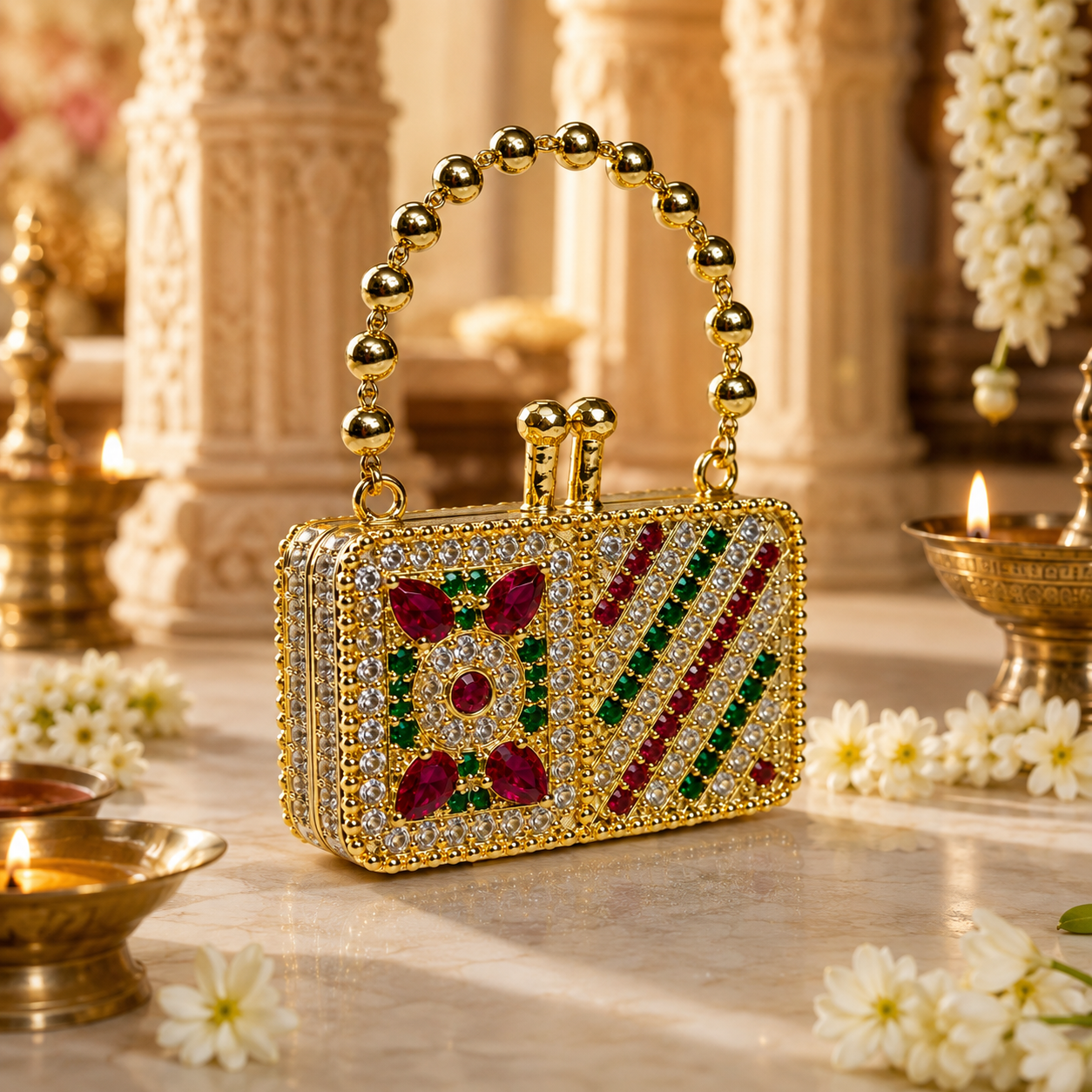 Bansuri Premium Crystal Handbag Pendant For Deity Idol | Luxury Mini Purse Shringar Accessory For Home Temple Decor