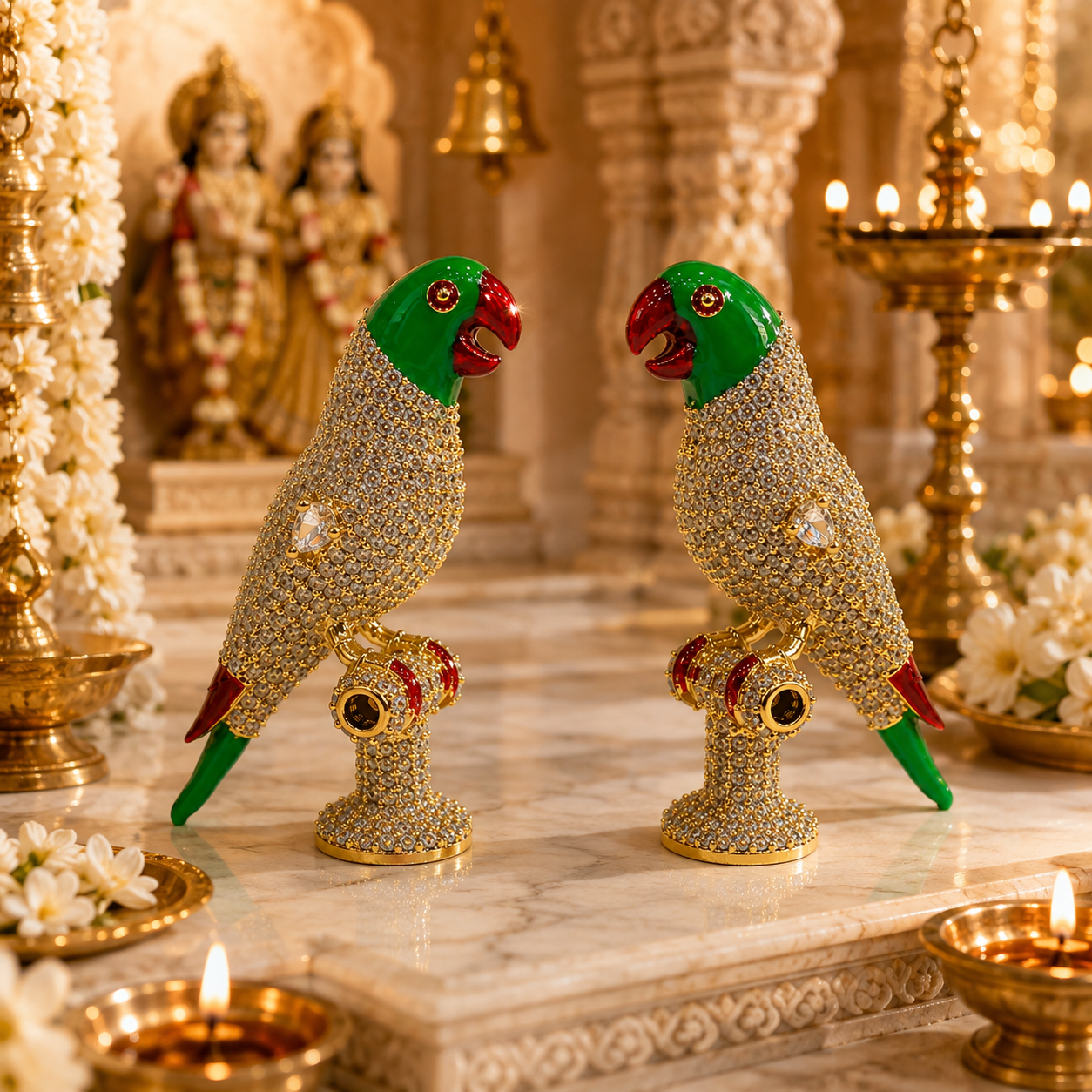 Bansuri Premium Crystal Parrot Showpiece for Home Temple | Luxury Decorative Pair & Single for Radha Krishna & Other Deity Singhasan | Handcrafted Devotional Mandir Decor