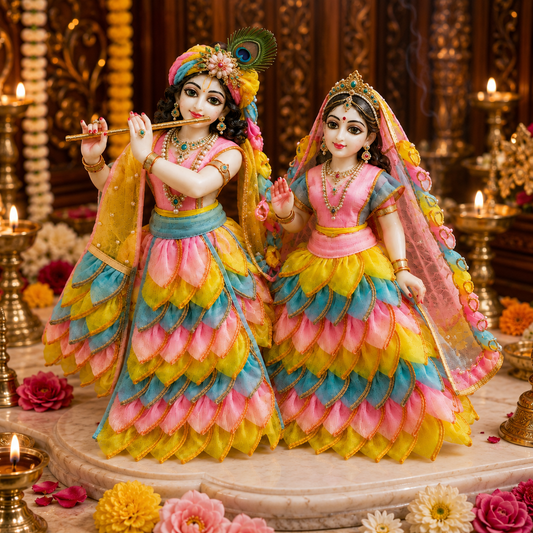 Bansuri Premium Handmade Radha Krishna Poshak | Designer Radha Rani & Krishna Ji Dress with Layered Floral Design | Festive Deity Dress for Janmashtami, Radhashtami & Daily Shringar (TCO240)