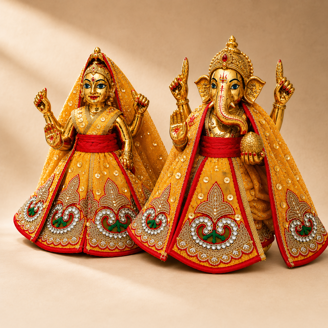 Lakshmi Ganesh Idol Dress | Golden Yellow Deity Outfit with Red Border & Pearl Work | Pooja Murti Vastra – Bansuri MT131GL