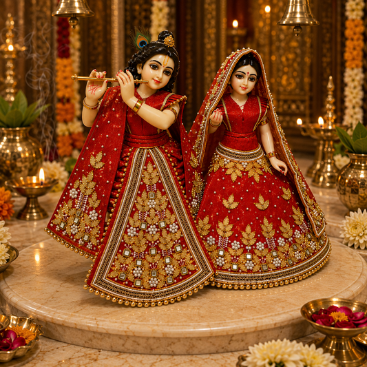 Bansuri Premium Handmade Radha Krishna Poshak | Red & Gold Designer Dress with Pearl, Stone & Beadwork (RGO260)