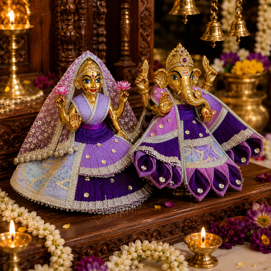 Bansuri Premium Handmade Ganesh Lakshmi Poshak – Purple & Lavender Designer Ganesh Ji Lakshmi Ji Dress for Festival, Pooja & Temple Decoration (PUR221)