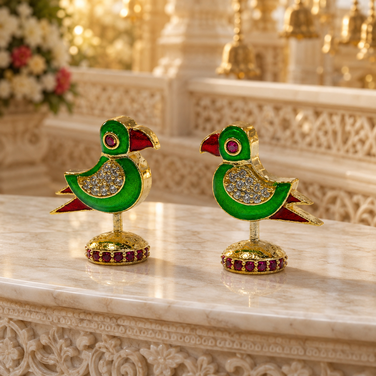Bansuri Premium Crystal Parrot Showpiece for Home Temple | Luxury Decorative Pair for Radha Krishna & Other Deity Singhasan | Handcrafted Devotional Mandir Decor