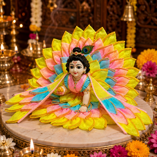 Bansuri Premium Handmade Laddu Gopal Poshak | Designer Kanha Ji Dress with Multicolor Lotus Layered Design | Festive Deity Dress for Janmashtami, Daily Shringar & Temple Decoration (TCO240)