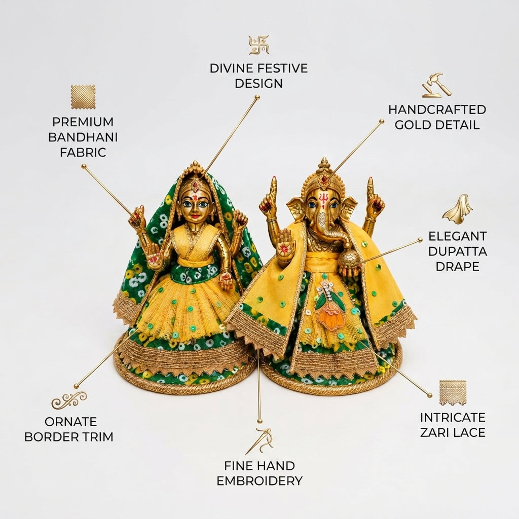 Bansuri Premium Handmade Green Bandhani Ganesh Lakshmi Dress | Yellow Designer Deity Poshak (3.5 Inch)