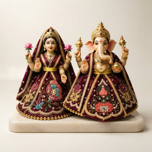 Bansuri Premium Handmade Maroon Embroidered Ganesh Lakshmi Dress | Designer Velvet Deity Poshak (3.5 Inch)