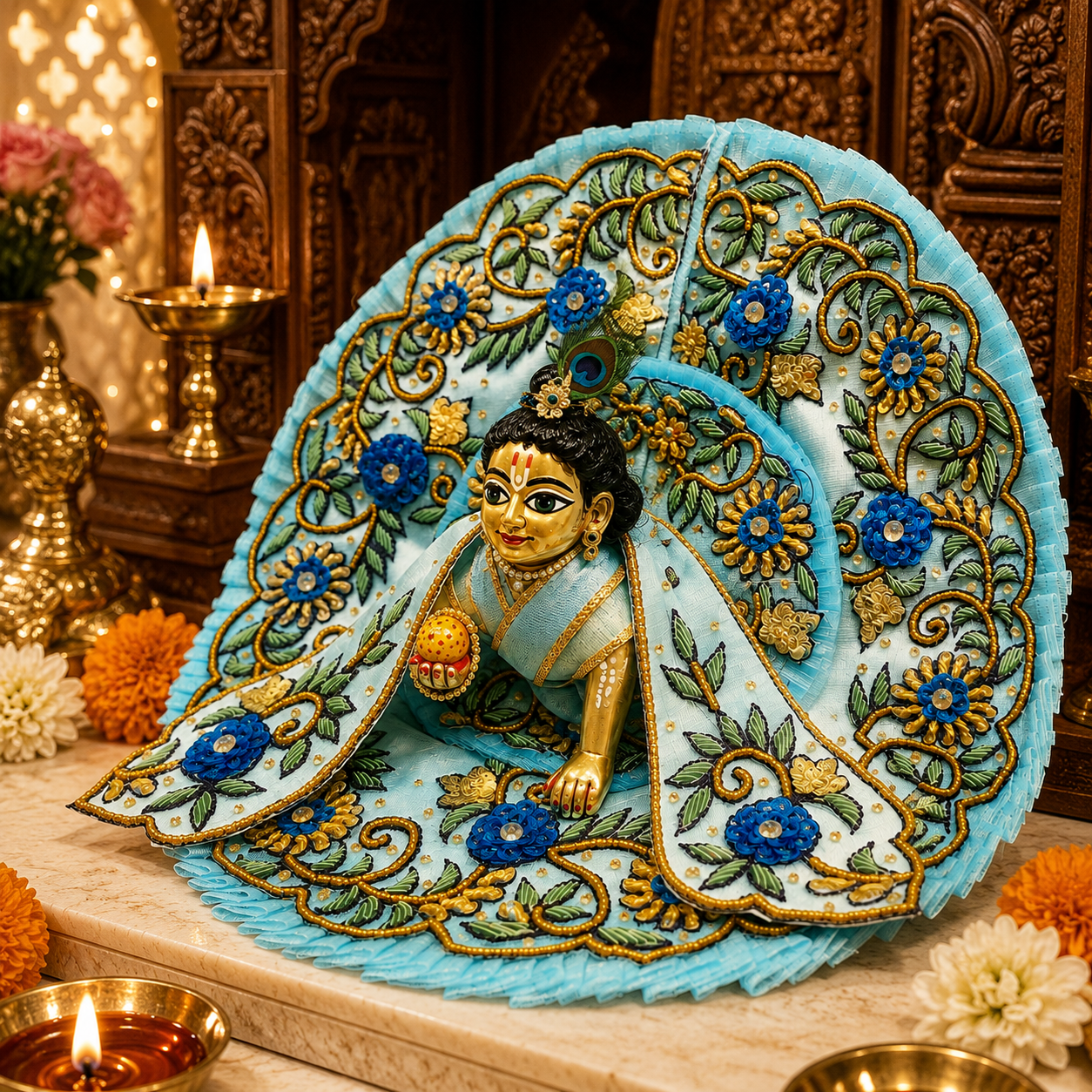Sky Blue Laddu Gopal Poshak with Heavy Floral Embroidery and Golden Zari Work