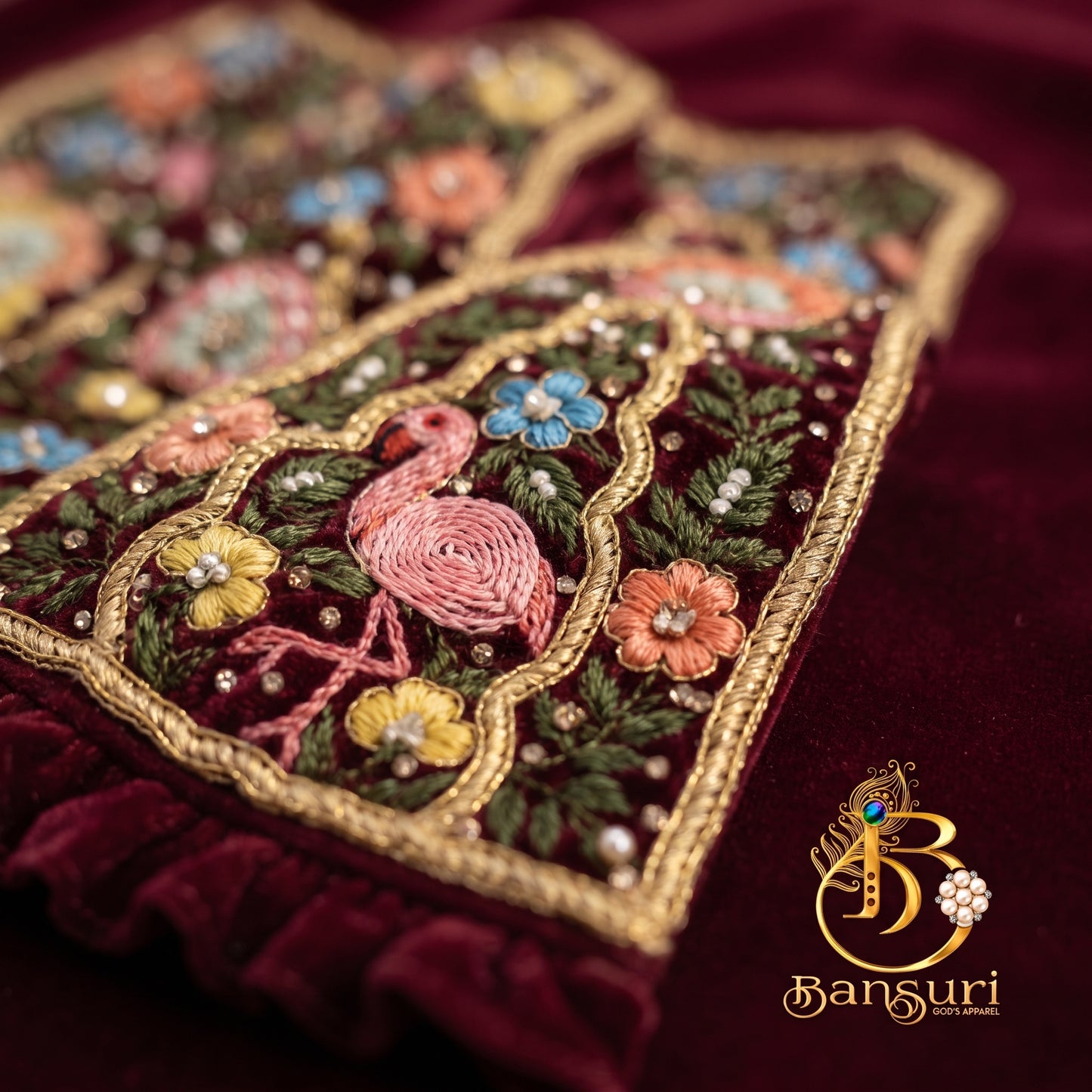 Bansuri Premium Handmade Maroon Floral Embroidered Radha Krishna Dress | Designer Velvet Poshak (4 Inch)
