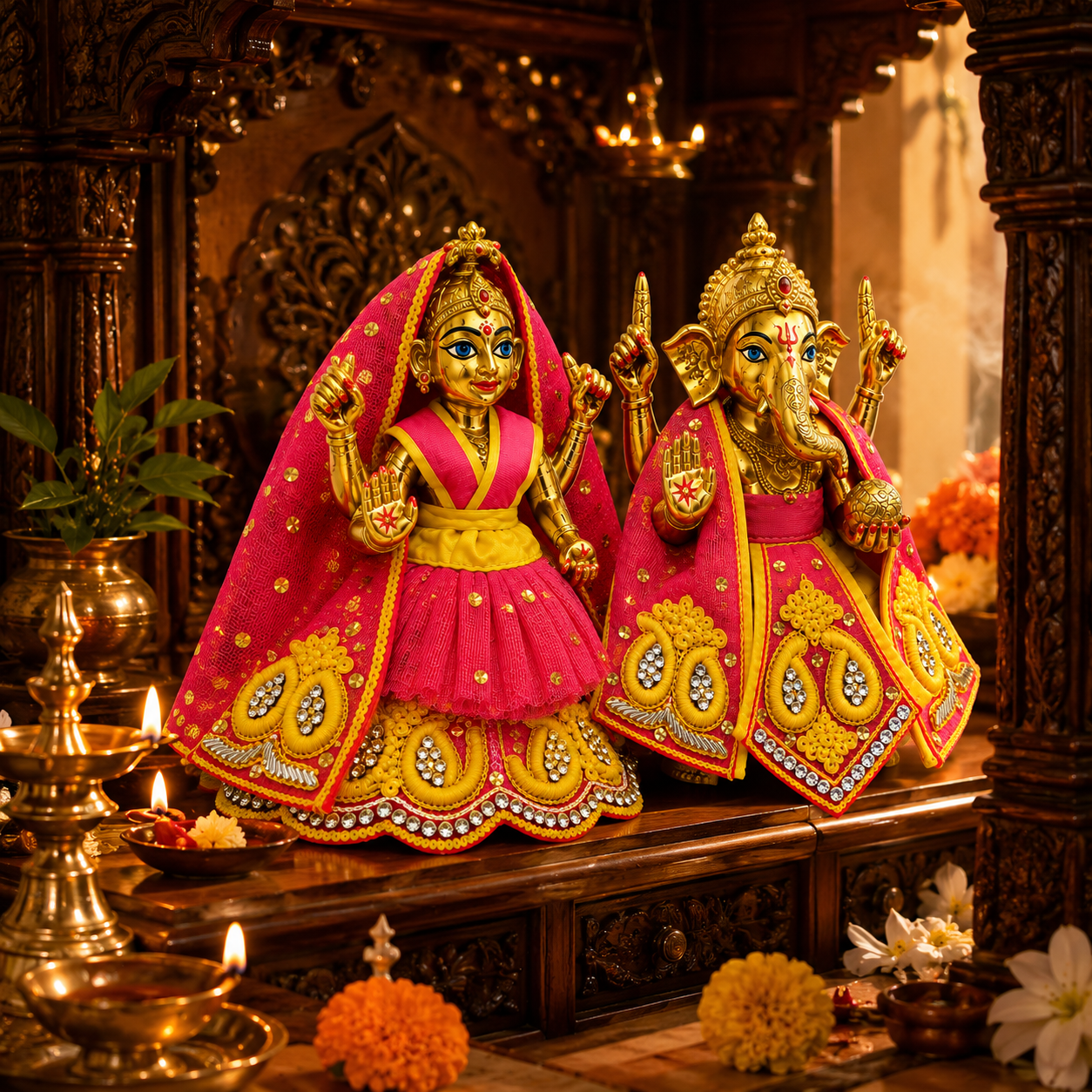 Bansuri Premium Handmade Ganesh Lakshmi Poshak | Designer Ganesh Ji Lakshmi Ji Dress | Yellow & Pink Embroidered Deity Vastra | Festival Collection