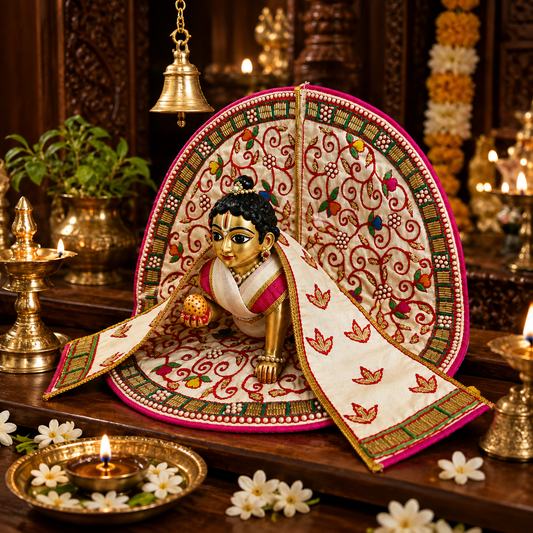 Bansuri Premium Handmade Laddu Gopal Poshak with Decorative Backdrop | Cream Pink Floral Embroidered Kanha Ji Dress | Designer Janmashtami Shringar Collection (152)