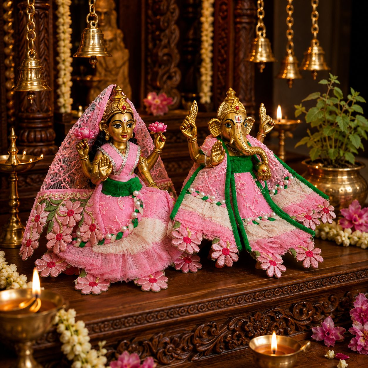 Bansuri Premium Handmade Ganesh Ji Lakshmi Ji Poshak Set | Pink Green Floral Embroidered Ganesh Lakshmi Dress | Designer Festival Shringar Collection (PIGR241)